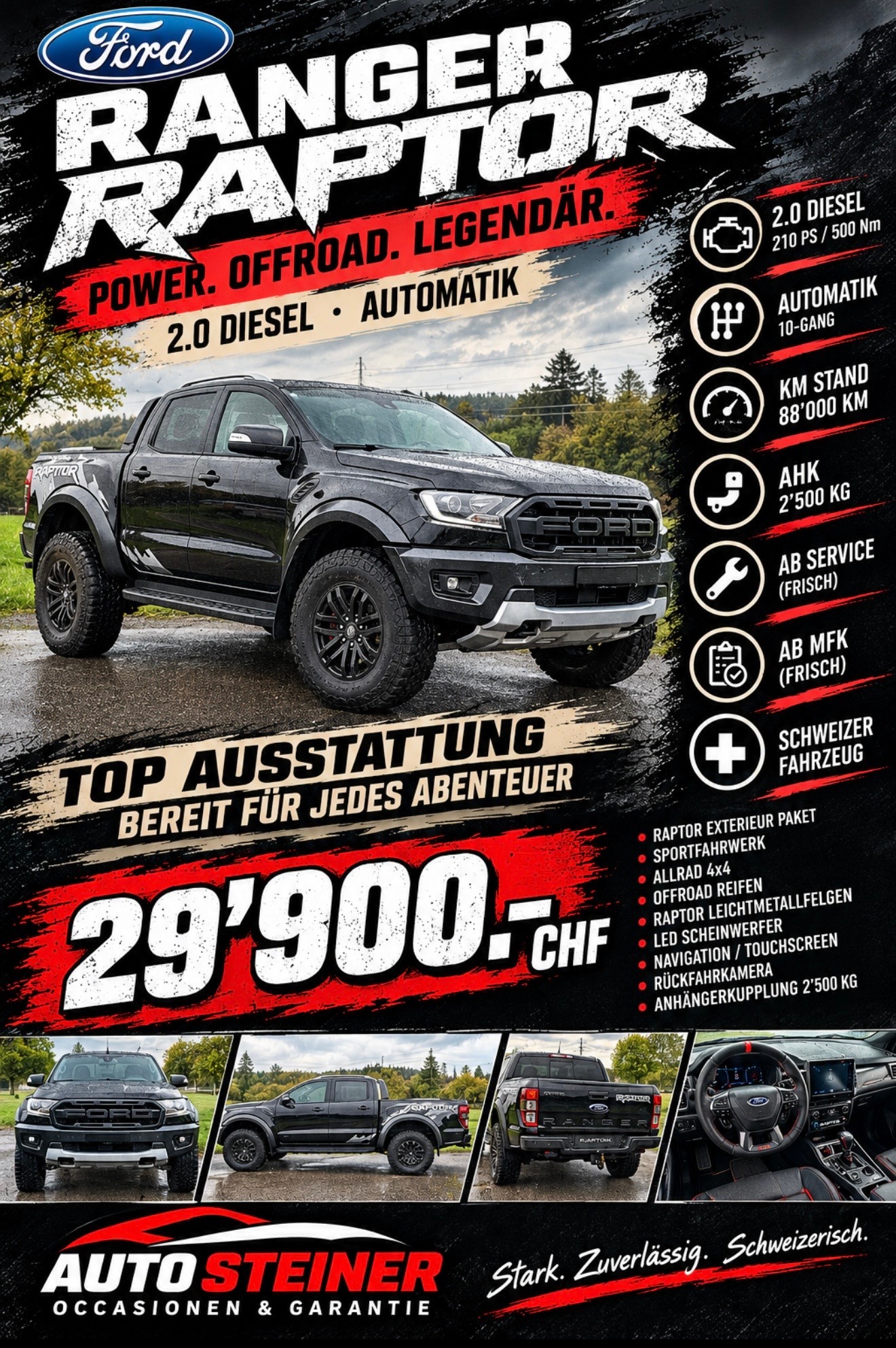 FORD "RAPTOR RANGER" 2.0 ECO BLUE 4x4 AUTOMAT. CH WAGEN. AB SERVICE. AB MFK. MIT AHK 2`500 KG ZUGLAST. TOP AUSSTATTUNG. 29`900.-