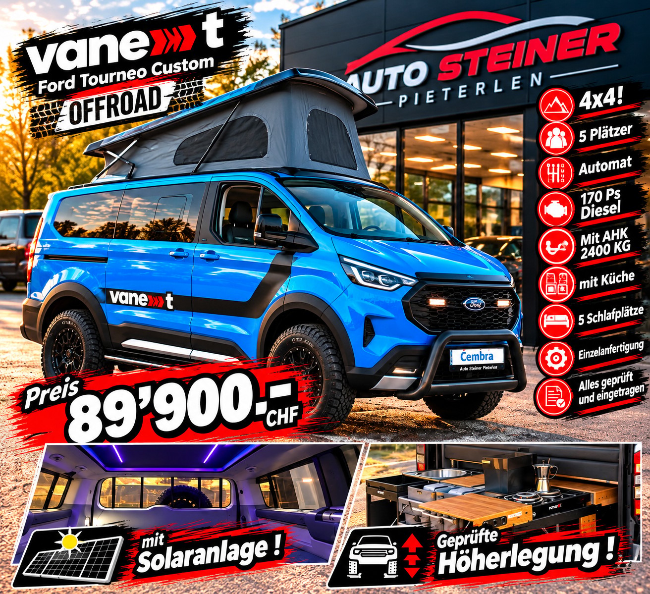 FORD "VANEXT OFFROAD" CAMPER 4X4 "FORD TOURNEO CUSTOM" HÖHER + 5 PLÄTZER AUTOMAT MIT AHK......SONDERANFERTIGUNG CH GEPRÜFT !!-image-0