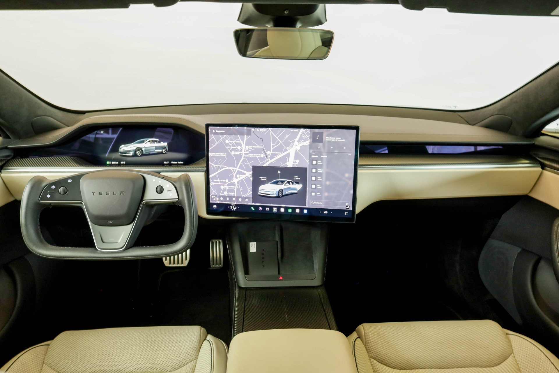 TESLA Model S 100 kWh Plaid • Full Self-Driving • Cream Pur-Carbon Fiber• Sièges ventilés-image-13