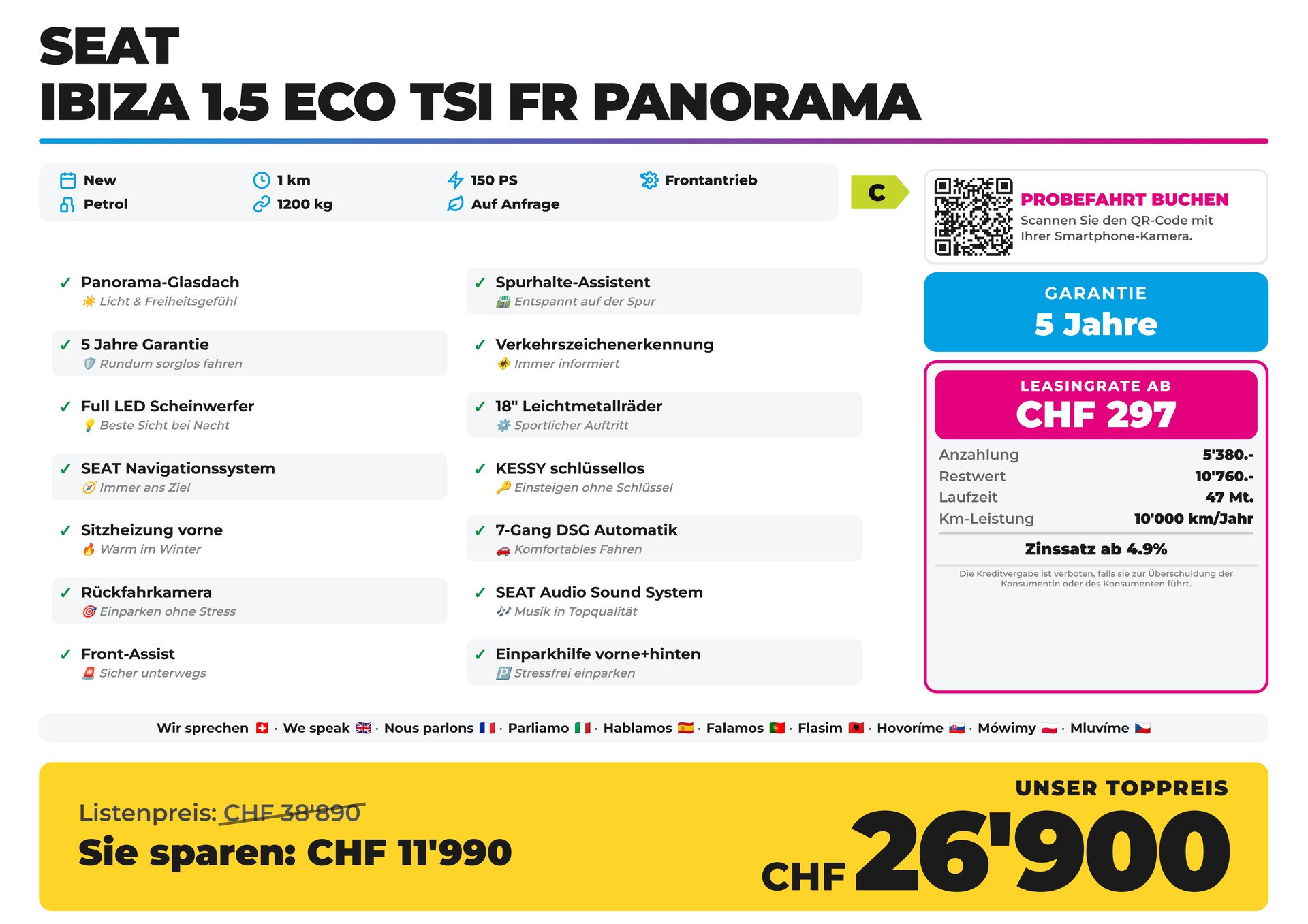 SEAT Ibiza 1.5 Eco TSI FR Panorama 5 Jahre Garantie-image-1