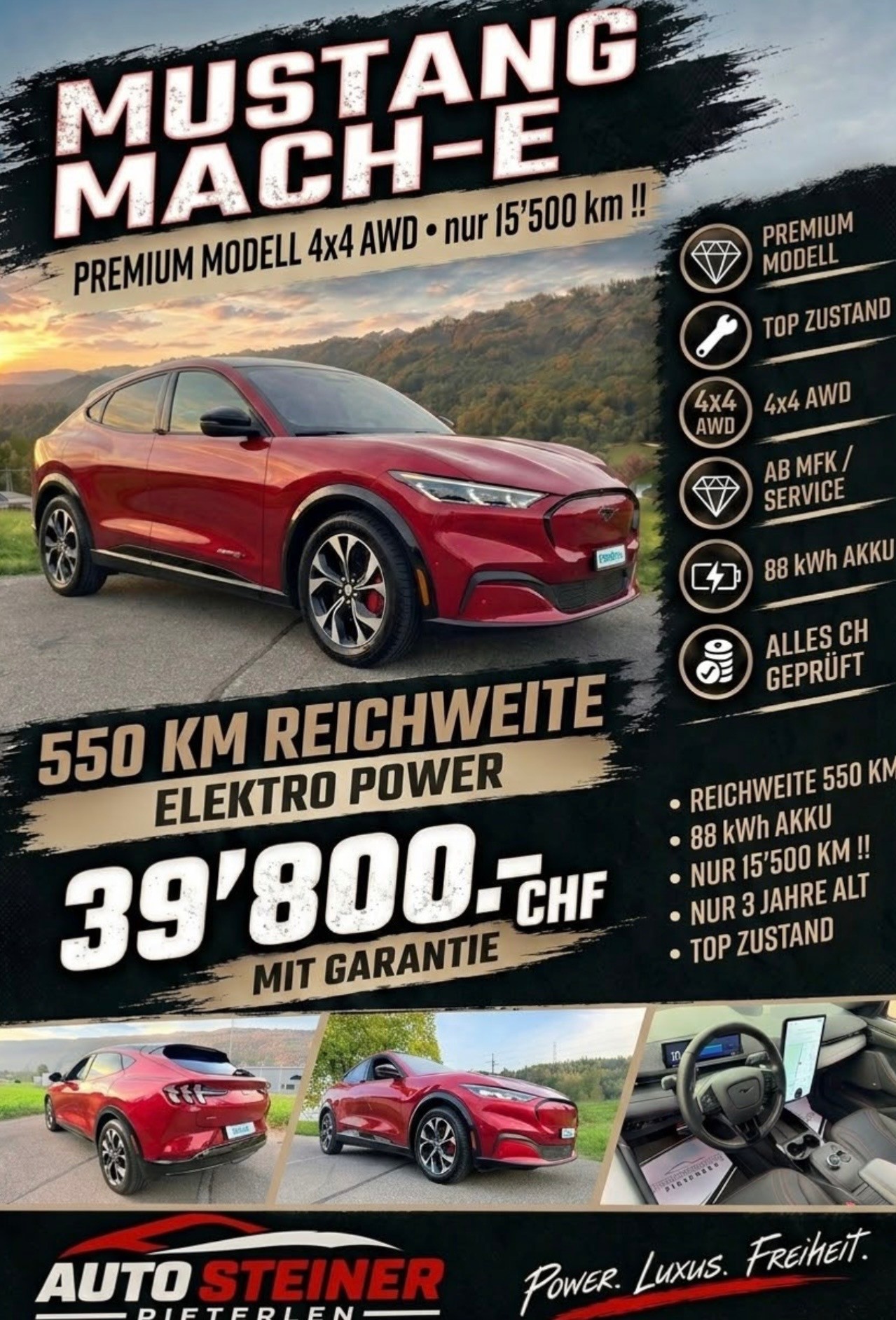 FORD 4X4 !! "MUSTANG MACH-E PREMIUM" MIT 371 PS. AWD 88 kWh. GROSSE BATTERIE !! NUR 15`500 KM !! NEUWERTIG 4X4 !! REICHWEITE 550 KM.
