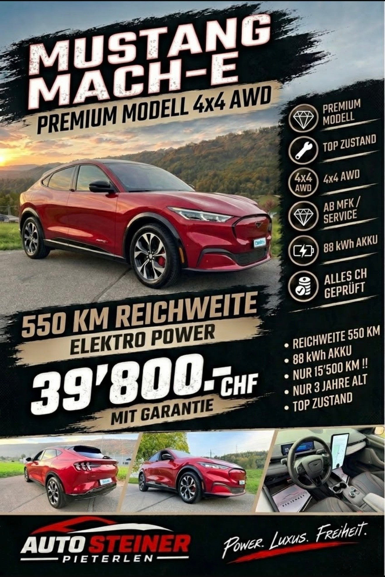 FORD 4X4 !! "MUSTANG MACH-E PREMIUM" MIT 371 PS. AWD 88 kWh. GROSSE BATTERIE !! NUR 15`500 KM !! NEUWERTIG 4X4 !! REICHWEITE 550 KM.
