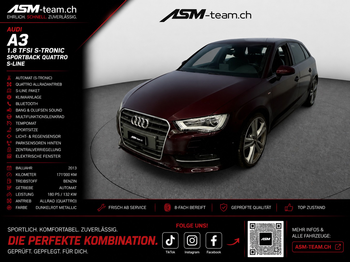 AUDI A3 Sportback S-LINE 1.8 TFSI Attraction quattro S-tronic | AHK 1600kg | FRISCH MFK | SERVICE | B&O Sound |-image-0